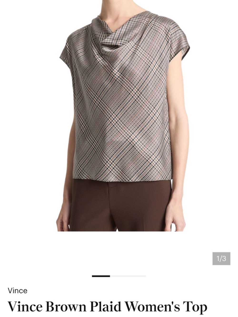 Vince Taupe and Brown Plaid Draped-Neck Cap Sleeve Top